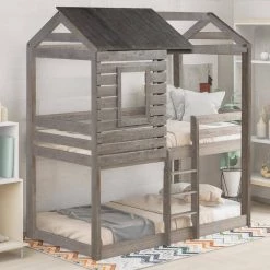 Antique Gray Twin over Twin Bunk Bed Wood Loft Bed Bedroom Furniture with Roof, Window, Guardrail, Ladder by GODEER