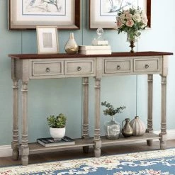 58 in. Antique Gray Standard Rectangle Wood Console Table with Drawers, Long Shelf Solid Wood by GODEER