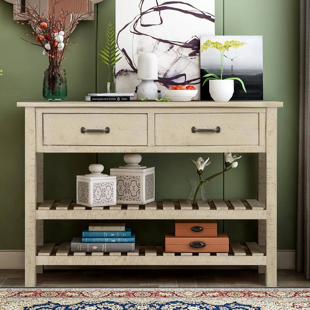 45 in. Antique Grey Rectangle Wood Console Table with Drawers and 2 Tiers Shelves by GODEER - Image 11