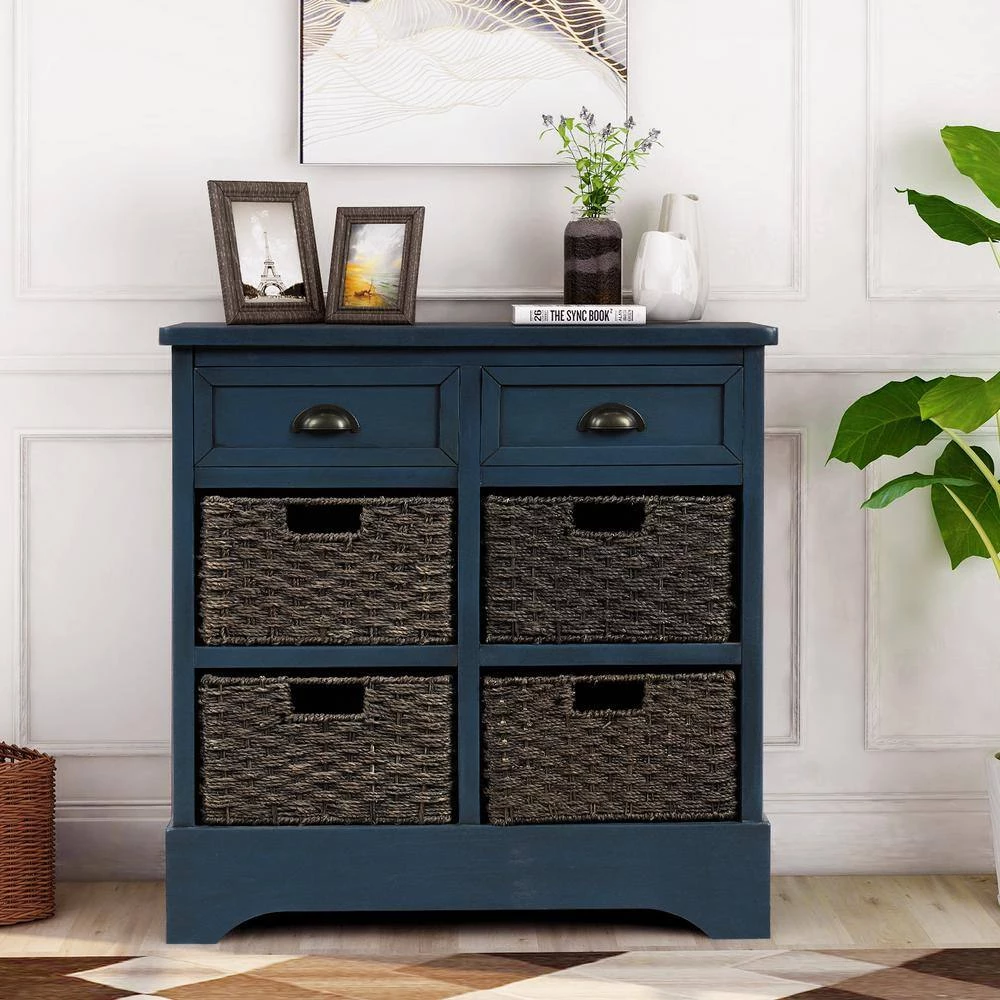Antique Navy Rustic Storage Cabinet with Two Drawers and Four Classic Rattan Basket by GODEER - Image 11