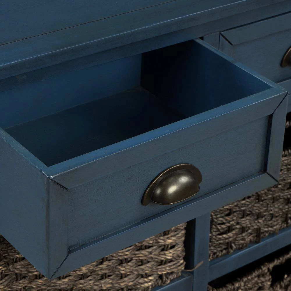 Antique Navy Rustic Storage Cabinet with Two Drawers and Four Classic Rattan Basket by GODEER - Image 7