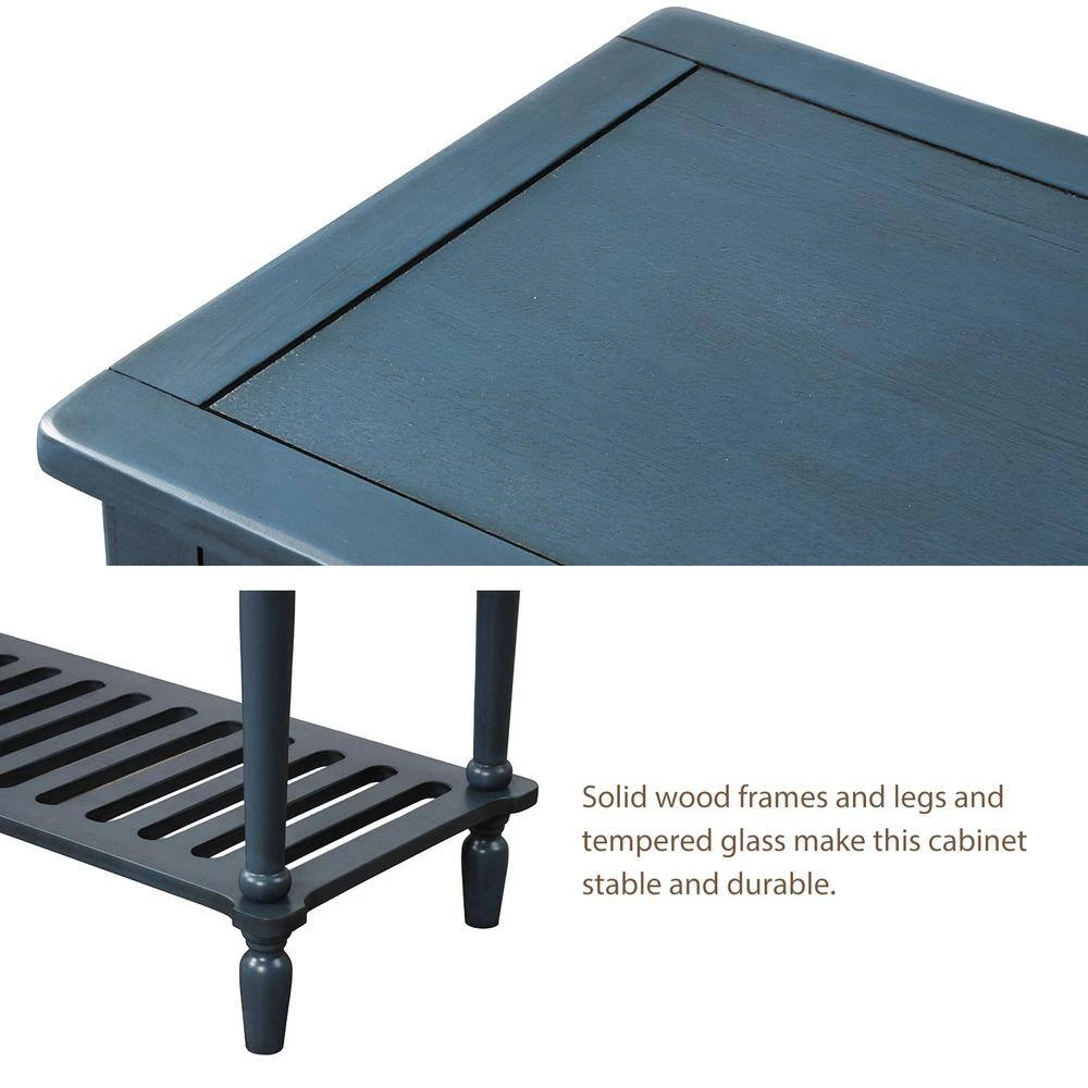 42 in. Antique Navy Rectangle Wood Console Table with Bottom Shelf, Glass Buffet Storage Cabinet by GODEER - Image 8