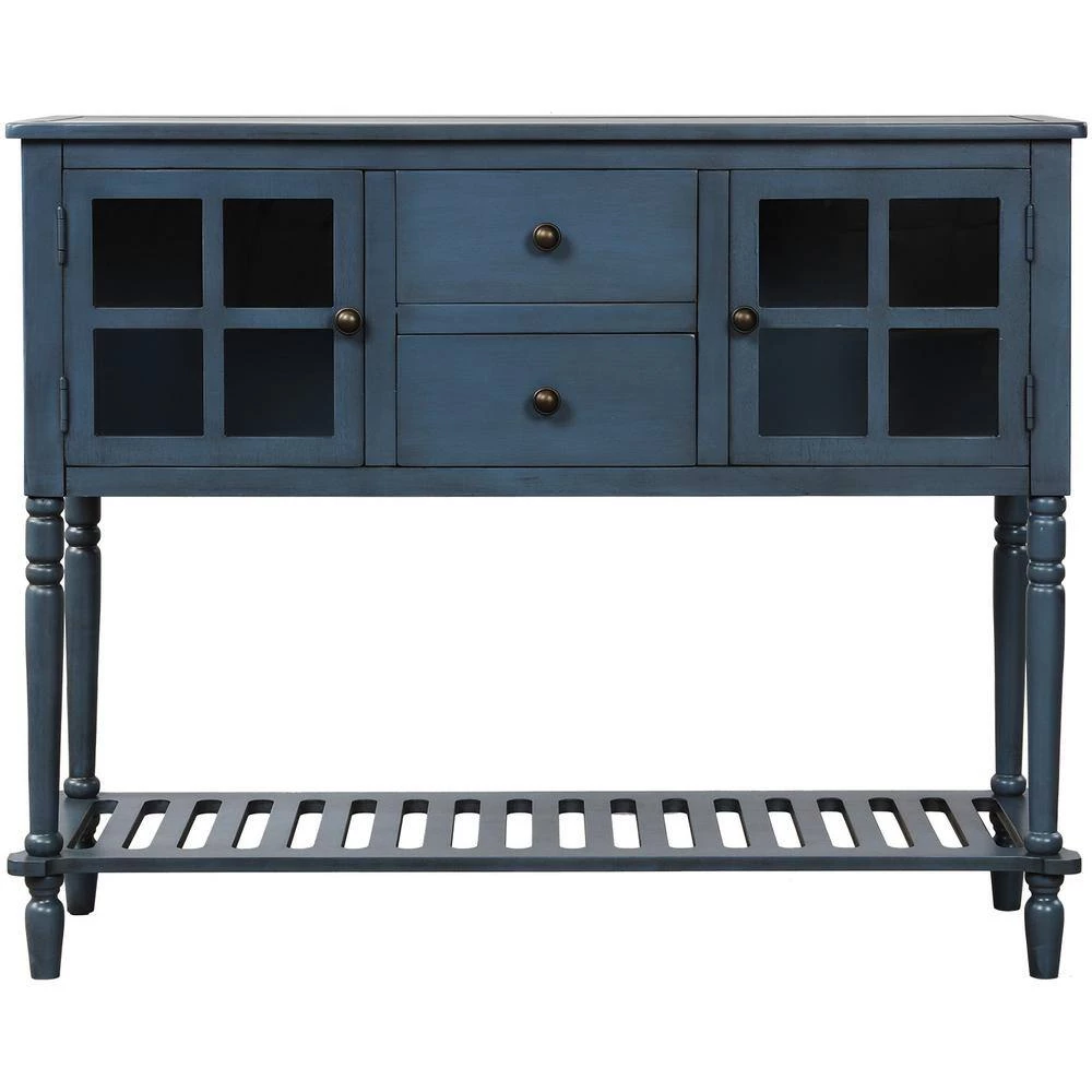 42 in. Antique Navy Rectangle Wood Console Table with Bottom Shelf, Glass Buffet Storage Cabinet by GODEER - Image 3