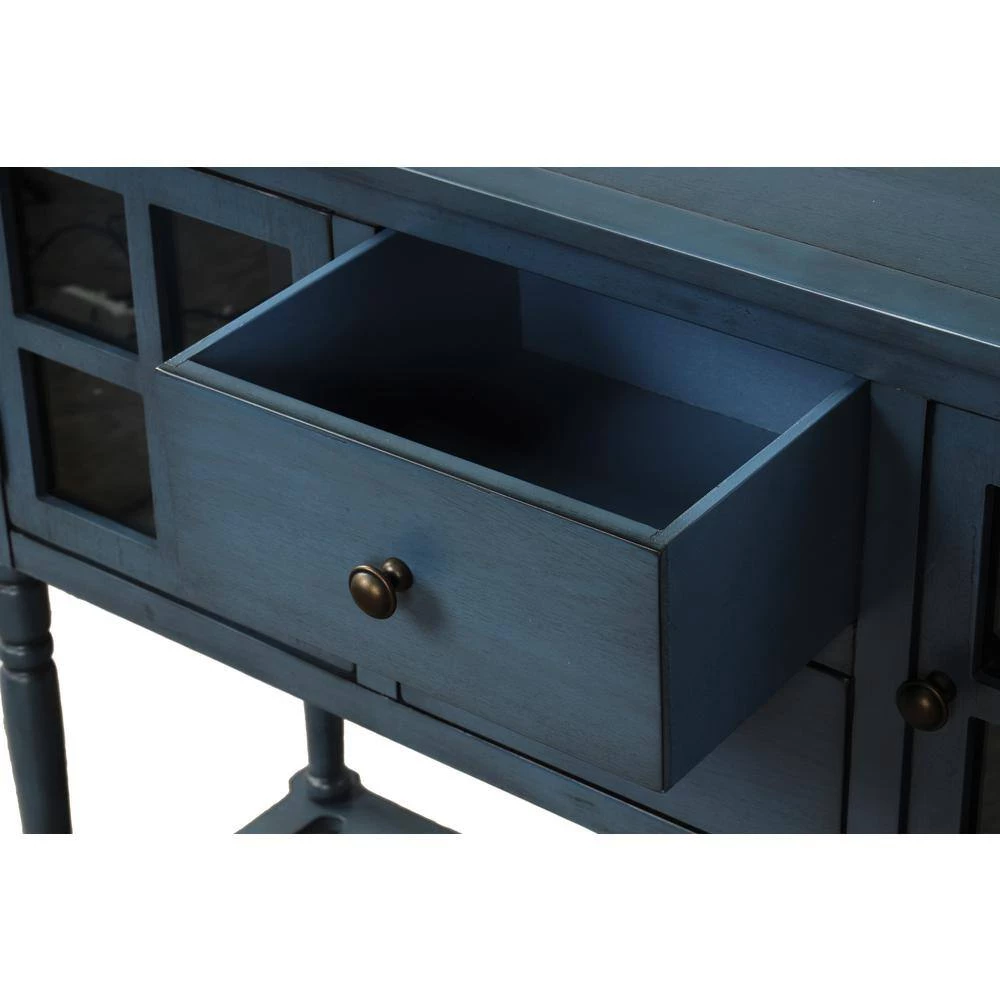42 in. Antique Navy Rectangle Wood Console Table with Bottom Shelf, Glass Buffet Storage Cabinet by GODEER - Image 7