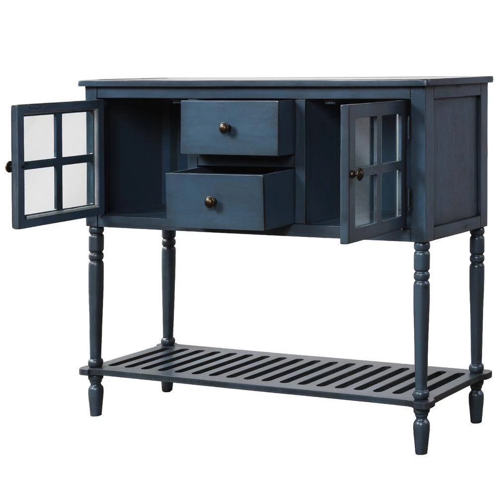 42 in. Antique Navy Rectangle Wood Console Table with Bottom Shelf, Glass Buffet Storage Cabinet by GODEER - Image 5