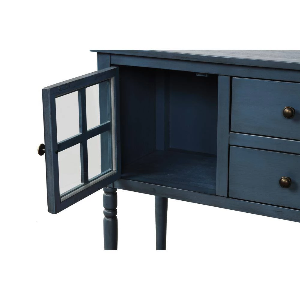 42 in. Antique Navy Rectangle Wood Console Table with Bottom Shelf, Glass Buffet Storage Cabinet by GODEER - Image 6
