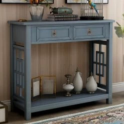 36 in. Antique Navy Rectangle Wood Console Table with 2 Drawers and Bottom Shelf, Entryway Accent Sofa Table by GODEER