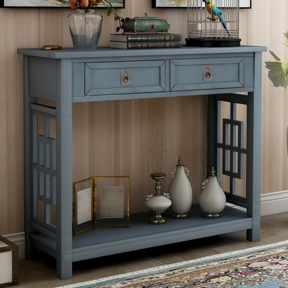 36 in. Antique Navy Rectangle Wood Console Table with 2 Drawers and Bottom Shelf, Entryway Accent Sofa Table by GODEER