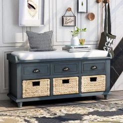 19 in. H x 42 in. L x 15 in. W Rustic Antique Navy Storage Bench with 3-Drawers 3-Rattan Baskets by GODEER