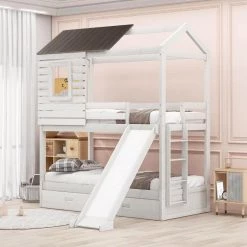 Antique White Twin over Twin Wood Bunk Bed with Two Storage Drawers and Slide, House-Shaped by GODEER