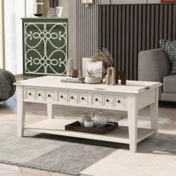 47.00 in. Antique White Rectangle Wood Coffee Table with Three Drawers for Living Room by GODEER
