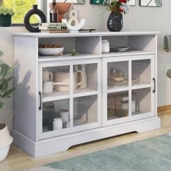 Antique White Modern Kitchen Sideboard Buffet with 2 Glass Sliding Doors and Adjustable Shelves Storage Cabinet by GODEER