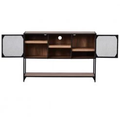 48 in. Barnwood Rectangle Particle Board Console Table with Metal Grid Door and 3-Thicken Shelves for Living Room by GODEER