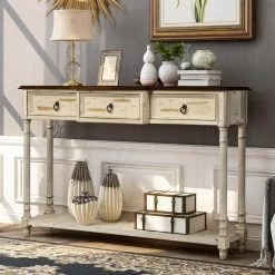 52 in. Beige Console Table with Drawers for Entryway with Projecting Drawers and Long Shelf by GODEER