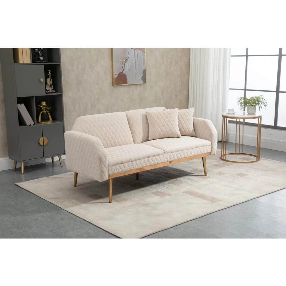 66 in. W Beige Velvet 2-Seater Loveseat with Rose Gold Metal Feet by GODEER