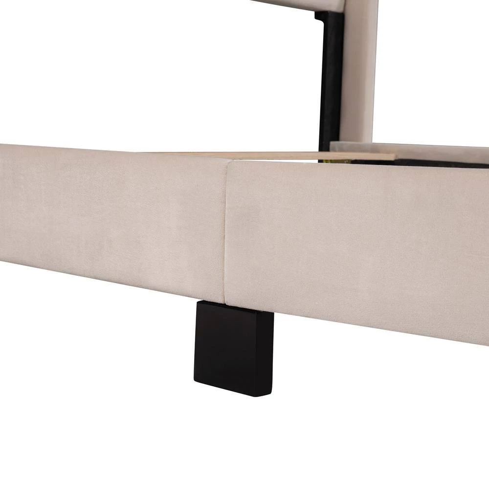 Queen Size Beige Velvet Upholstered Platform Bed, Box Spring Needed by GODEER - Image 9