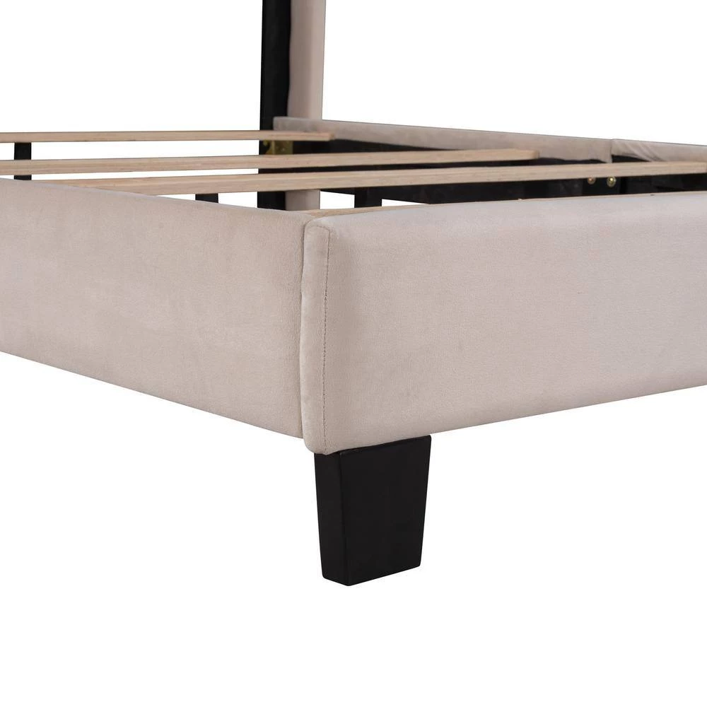 Queen Size Beige Velvet Upholstered Platform Bed, Box Spring Needed by GODEER - Image 10