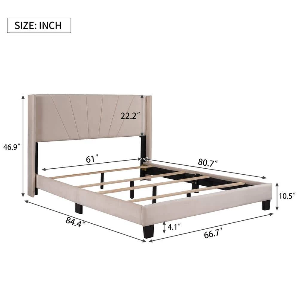 Queen Size Beige Velvet Upholstered Platform Bed, Box Spring Needed by GODEER - Image 5