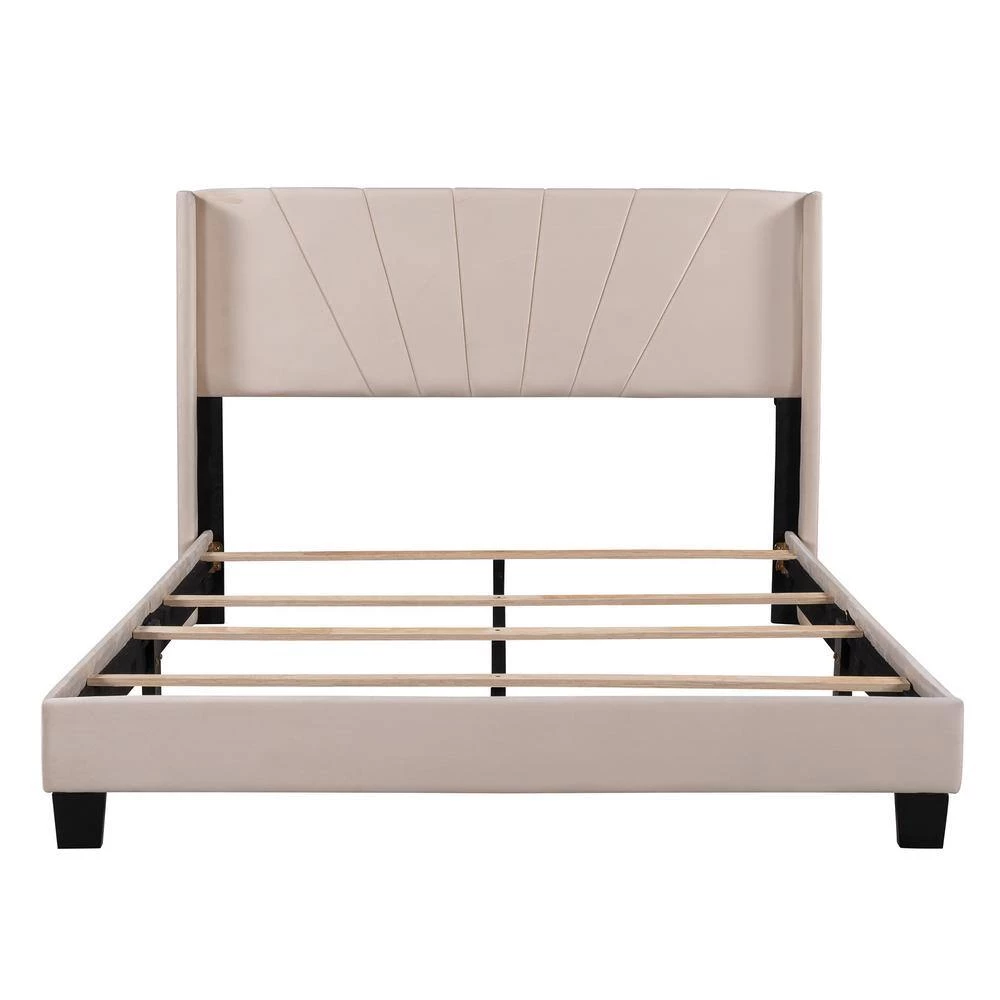 Queen Size Beige Velvet Upholstered Platform Bed, Box Spring Needed by GODEER - Image 6
