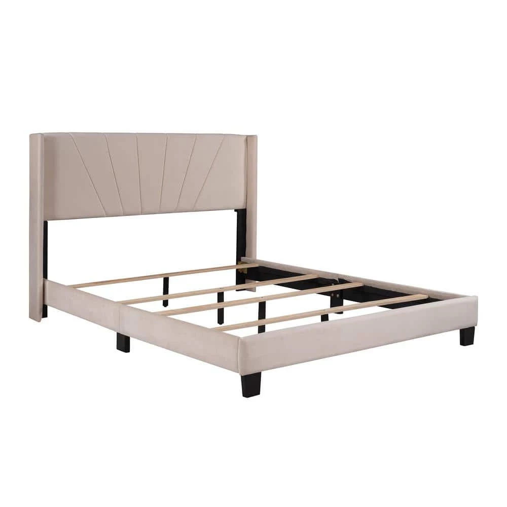 Queen Size Beige Velvet Upholstered Platform Bed, Box Spring Needed by GODEER - Image 4