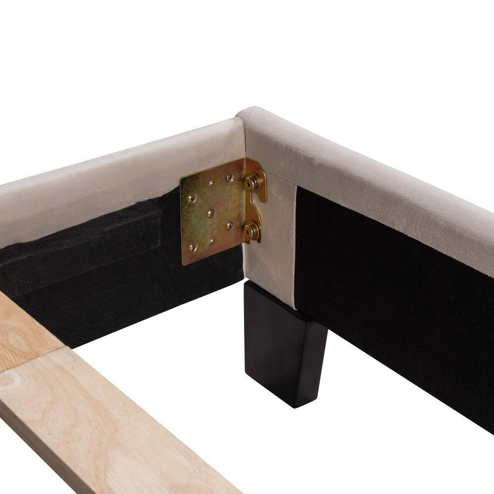 Queen Size Beige Velvet Upholstered Platform Bed, Box Spring Needed by GODEER - Image 11