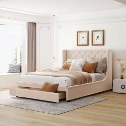 84.40 in. W Beige Queen Size Storage Bed Velvet Platform Bed with Wingback Headboard and a Big Drawer by GODEER