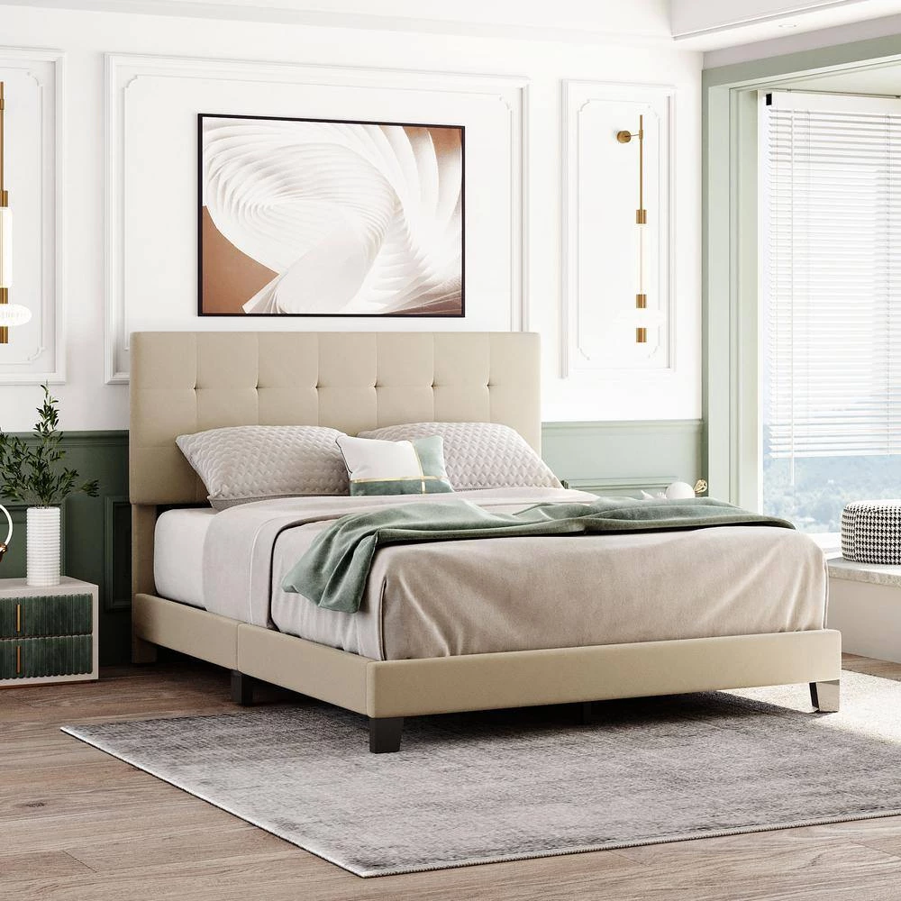 85 in. W Beige Queen Size Linen Wood Frame Platform Bed with Tufted Headboard, Box Spring Needed by GODEER - Image 2