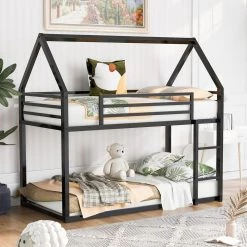 Black Twin Over Twin House Bunk Bed with Built in Ladder by GODEER