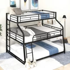 Black Twin XL/Full XL/Queen Triple Bunk Bed with Long and Short Ladder and Full-Length Guardrails by GODEER