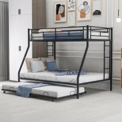 Black Twin over Full Bed with Sturdy Steel Frame, Bunk Bed with Twin Size Trundle, Two-Side Ladders by GODEER