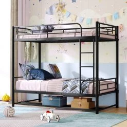 Black Twin over Twin Metal Bunk Bed with Shelf and Slatted Support No Box Spring Needed by GODEER