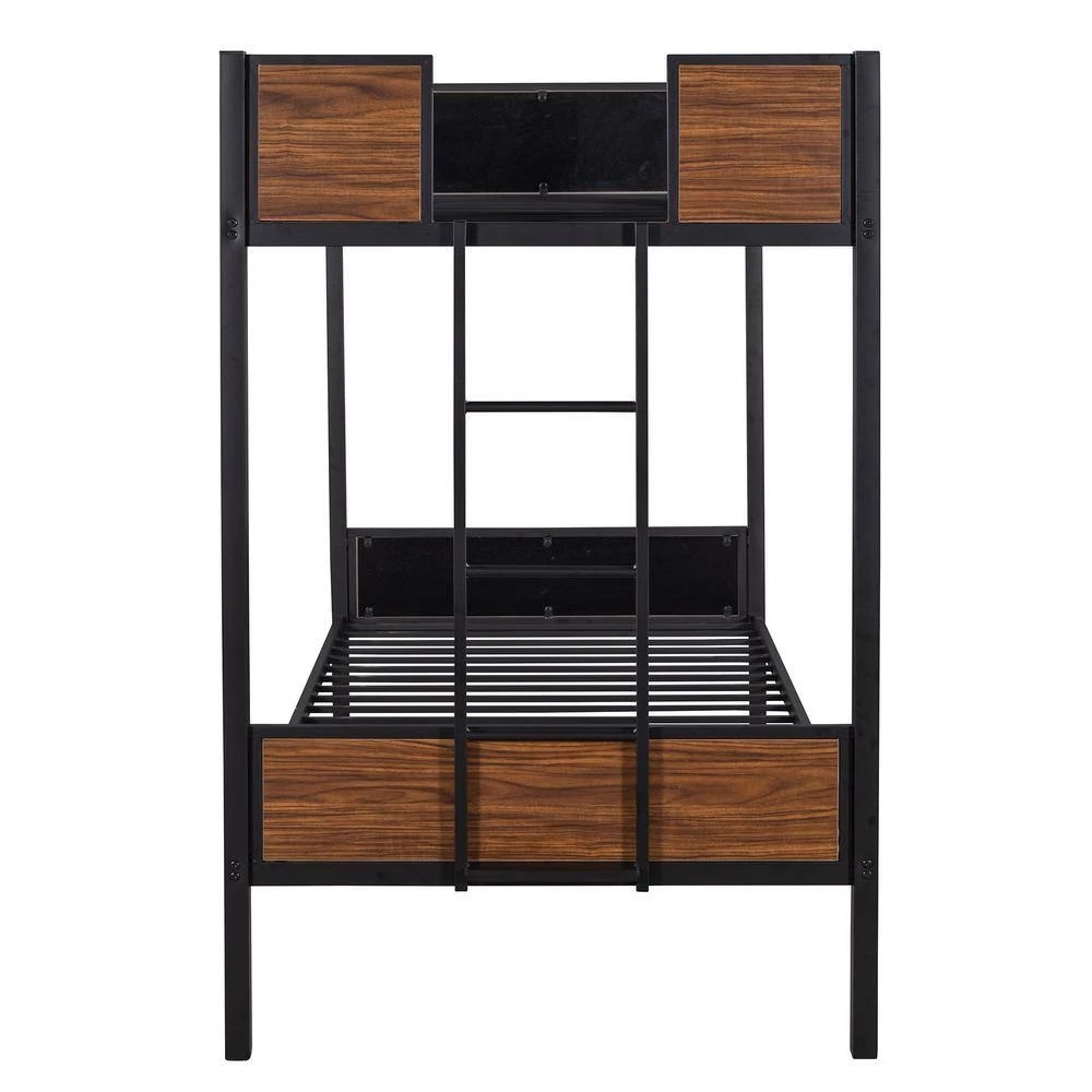 Black Twin over Twin Bunk Bed Modern Style Steel Frame Bunk Bed with Safety Rail, Built-in Ladder by GODEER - Image 3