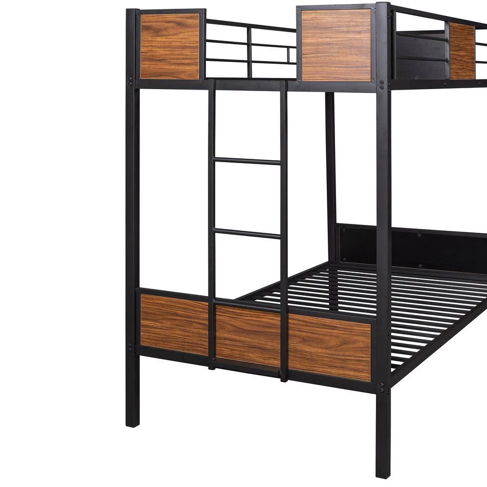 Black Twin over Twin Bunk Bed Modern Style Steel Frame Bunk Bed with Safety Rail, Built-in Ladder by GODEER - Image 10