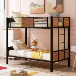Black Twin over Twin Bunk Bed Modern Style Steel Frame Bunk Bed with Safety Rail, Built-in Ladder by GODEER