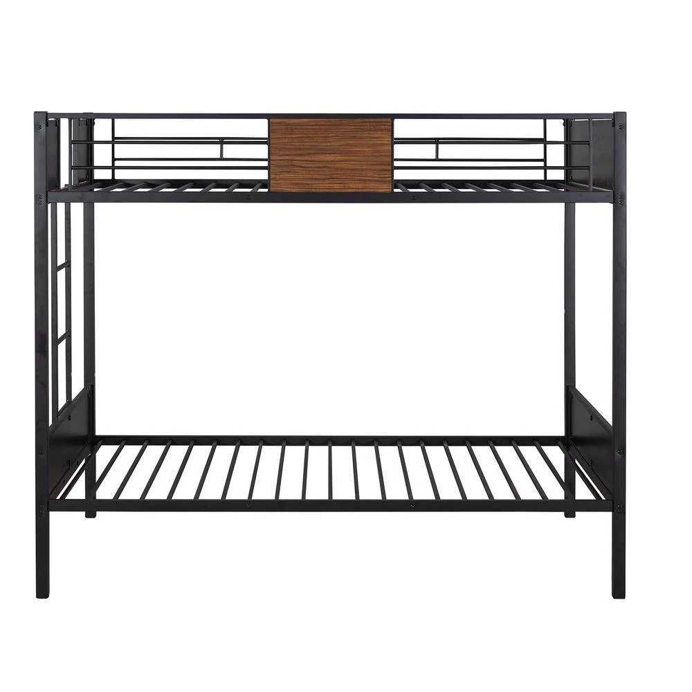 Black Twin over Twin Bunk Bed Modern Style Steel Frame Bunk Bed with Safety Rail, Built-in Ladder by GODEER - Image 6