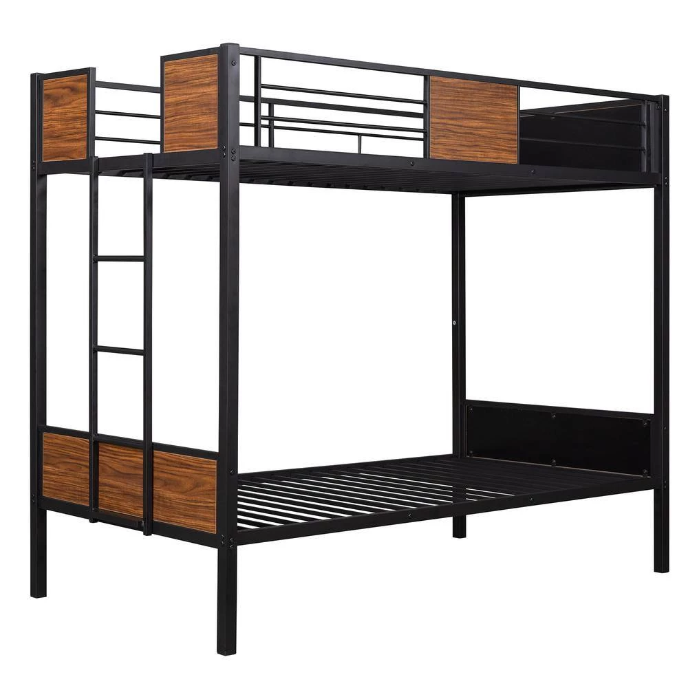 Black Twin over Twin Bunk Bed Modern Style Steel Frame Bunk Bed with Safety Rail, Built-in Ladder by GODEER - Image 4