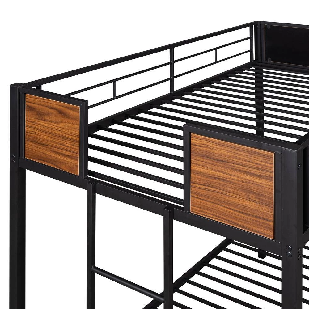 Black Twin over Twin Bunk Bed Modern Style Steel Frame Bunk Bed with Safety Rail, Built-in Ladder by GODEER - Image 7