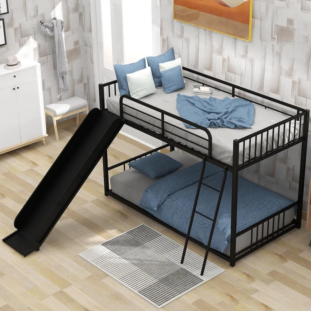 Black Twin Metal Bunk Bed with Slide by GODEER