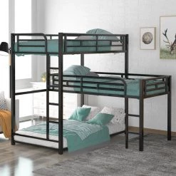 Black L-shaped Metal Triple Twin Size Bunk Bed by GODEER