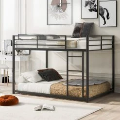 Black Full Over Full Metal Bunk Bed, Low Bunk Bed with Ladder by GODEER