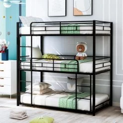 Black Metal Twin Size Triple Bunk Bed by GODEER