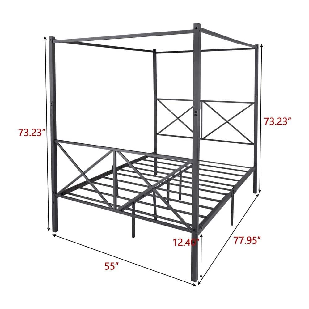 78 in. W Black Full Metal Canopy Bed Frame, Platform Bed Frame with X-Shaped Frame by GODEER - Image 3