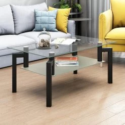 39.10 in. Black Rectangle Glass Coffee Table, Modern Side Center Tables for Living Room by GODEER