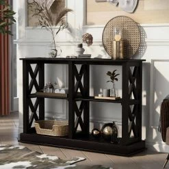46.50 in. Black Console Table with 3-Tier Open Storage Spaces and "X" Legs, Narrow Sofa Entry Table by GODEER