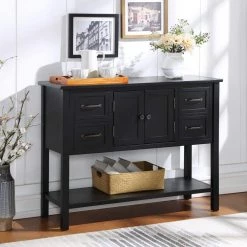 43.3 in. Black Rectangle Wood Console Table Sofa Table for Living Room with 4 Drawers, 1 Cabinet and 1 Shelf by GODEER