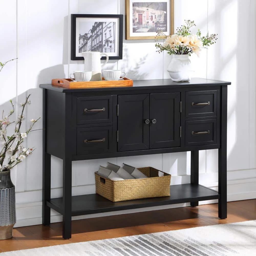 43.3 in. Black Rectangle Wood Console Table Sofa Table for Living Room with 4 Drawers, 1 Cabinet and 1 Shelf by GODEER