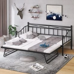 Black Twin Size Metal DayBed with Twin Size Adjustable Trundle, Portable Folding Trundle by GODEER