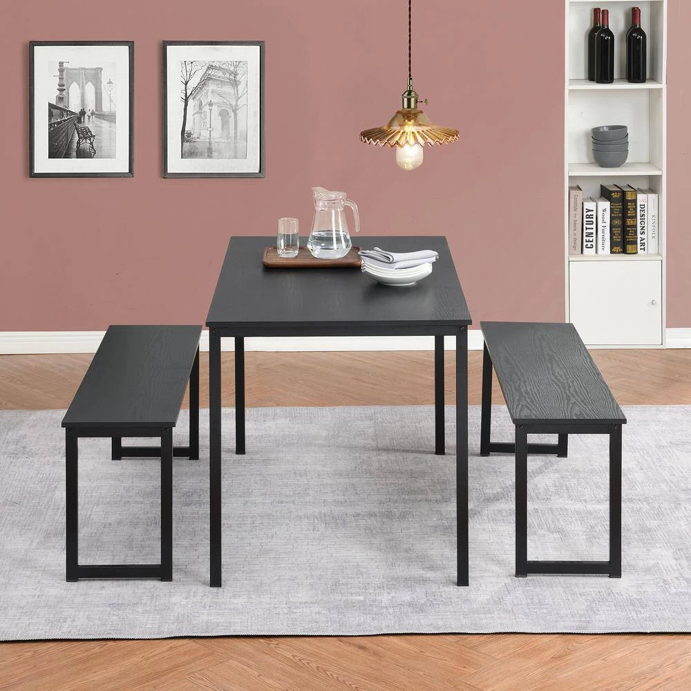 3-Piece Rectangle Wood Top Black Dining Set with 2-Benches by GODEER - Image 14