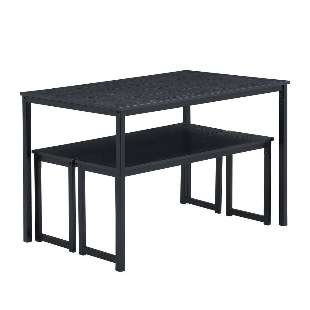 3-Piece Rectangle Wood Top Black Dining Set with 2-Benches by GODEER - Image 3