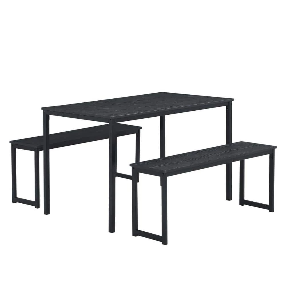 3-Piece Rectangle Wood Top Black Dining Set with 2-Benches by GODEER